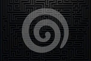 Dark maze top view. Elegant geometric pattern background. Business concept of find right way. 3d render. 3d illustration