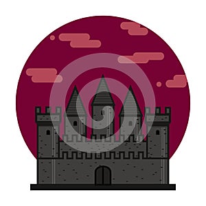 Dark Medieval castle flat icon. Fortress on red bloody sky circle background. Medieval architecture