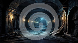 Dark medieval dungeon, old underground stone tunnel, spooky cellar