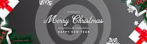 Dark Merry Christmas Banner, we wish you a merry christmas greeting, Realistic christmas background. Illustration.