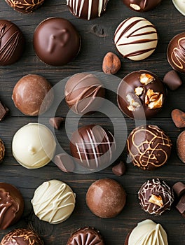 Dark, milk and white chocolate candies, pralines, truffles on wooden table