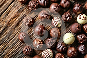 Dark, milk and white chocolate candies, pralines, truffles on wooden table