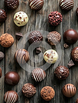 Dark, milk and white chocolate candies, pralines, truffles on wooden table