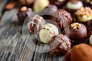 Dark, milk and white chocolate candies, pralines, truffles on wooden table