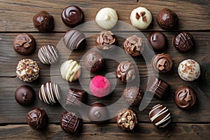 Dark, milk and white chocolate candies, pralines, truffles on wooden table