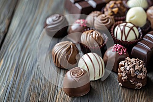 Dark, milk and white chocolate candies, pralines, truffles on wooden table