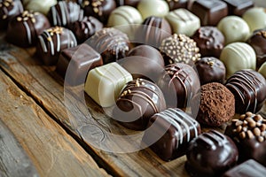 Dark, milk and white chocolate candies, pralines, truffles on wooden table