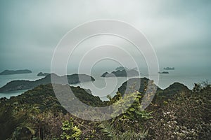 A dark and misty overcast morning on Halong Bay, toned photo. Beautiful mountain landscape with the viewpoint on the island of Cat