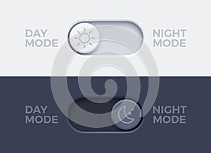 Dark mode and light mode toggle switch buttons. Material design slider switch buttons set. Day and night mode switch button.