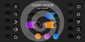 Dark mode ui simple elegant minimalist set of buttons, loading bar design. Black interface elements