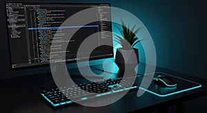 Dark Modern Computer Desk with Programming Code