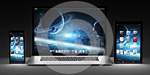 Dark modern computer laptop mobile phone and tablet 3D rendering
