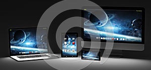 Dark modern computer laptop mobile phone and tablet 3D rendering