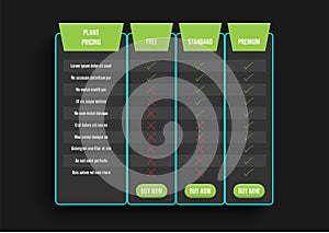 Dark modern pricing table with green recommended option. Comparison pricing list. Comparing price or product plan chart compare