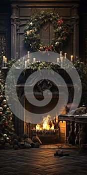 dark and moody living room with decorated fireplace