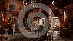 Dark moody medieval fantasy tavern inn bar with candles burning and daylight coming through windows. 3D rendering