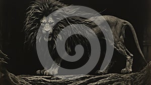 Dark And Moody Still Life: Majestic Lion In Monochromatic Imagery