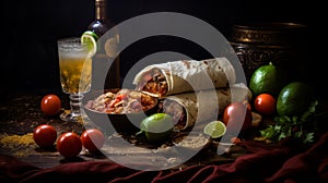 Dark And Moody Still Life: Mexican Burrito And Rum On Kolsch Table photo