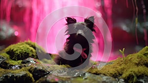 Dark And Moody Vignettes: A Playful Fawncore Dog In A Pink Waterfall