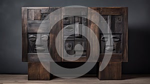 Dark And Moody Wooden Cabinet With Carvings Of Faces