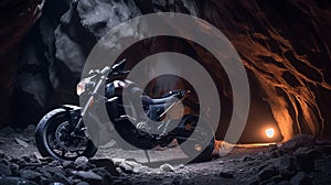 Dark Motorcycle Entering Cave: Industrial Design With High-key Lighting
