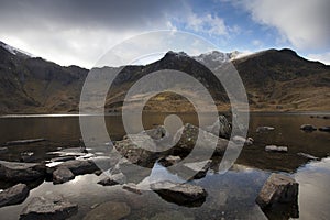 Dark mountain range and lake