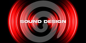 Dark music background with oscillating red light circle sound waves. Vinyl record. Visualization of the drums and beats