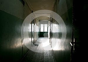 Dark mysterious corridor in building. Door room perspective in lonely quiet building with dramatic light. Horror landscape concept