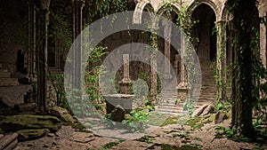 Dark mysterious ruin of a fantasy medieval temple overgrown with ivy. 3D illustration