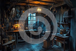 Dark and Mysterious Workshop with Tools and Ambient Lighting