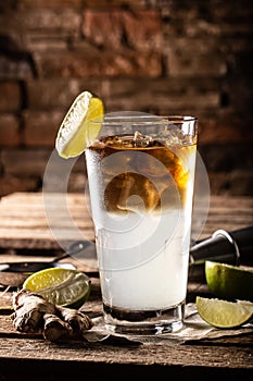 Dark n Stormy highball cocktail served as a long drink with rum, fresh lime juice, and ginger beer