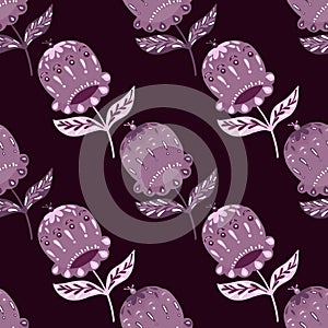 Dark nature seamless ethno pattern with hand drawn folk flower bud shapes. Purple and maroon palette