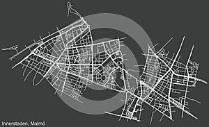 Dark negative street roads map of the Innerstaden Inner City district of MalmÃÂ¶, Sweden
