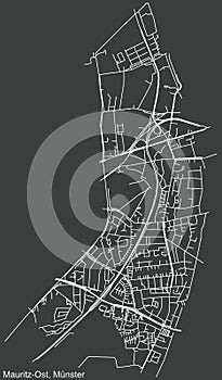 Dark negative street roads map of the Mauritz-Ost district of MÃ¼nster-Muenster, Germany