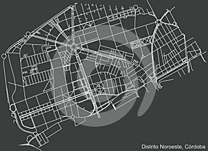 Dark negative street roads map of the Noroeste district of Cordoba, Spain