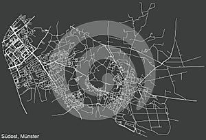 Dark negative street roads map of the SÃ¼d-Ost district of MÃ¼nster-Muenster, Germany