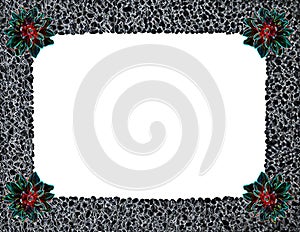 Dark neon frame of black pebbles with green red flowers in corners.Rectangular copy space.Close up mixed natural design