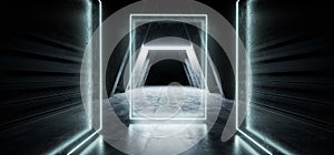 Dark Neon Retro Blue Sci Fi Futuristic Triangle Shaped Corridor Tunnel Hallway Entrance Spaceship Alien Grunge Concrete Empty