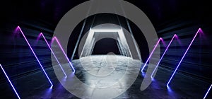 Dark Neon Retro Purple Blue Sci Fi Futuristic Triangle Shaped Corridor Tunnel Hallway Entrance Spaceship Alien Grunge Concrete