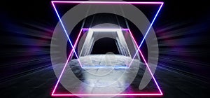 Dark Neon Retro Purple Blue Sci Fi Futuristic Triangle Shaped Corridor Tunnel Hallway Entrance Spaceship Alien Grunge Concrete