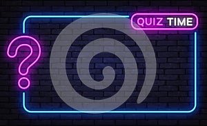 Dark neon template with pink question mark and quiz time tag, glowing blue border, modern trivia screen design photo