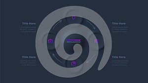 Dark neumorphic cycle diagram for infographic. Skeuomorph concept with 4 options, parts, steps or processes