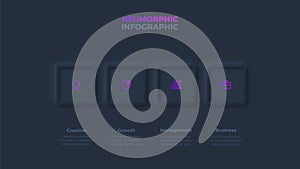 Dark neumorphic horizontal progress diagram with 4 square elements. Infographic design template