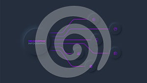 Dark neumorphic infographic design template. Business data visualization with 6 options. Concept of development process