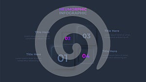 Dark neumorphic infographic design template. Four square elements. Concept of 4 steps of business data processing