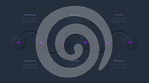 Dark neumorphic infographic timeline design template. Business data visualization with 6 options. Concept of development