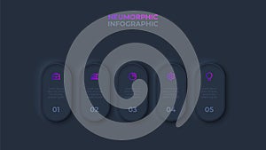 Dark neumorphic rounded elements placed in horizontal row. Infographic design template with 5 options, steps ot