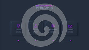 Dark neumorphic timeline infographic. Skeuomorph concept with 4 options, parts, steps or processes