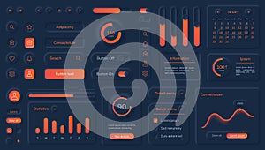 Dark neumorphic user interface elements with neon buttons and bars. Black neumorphism style dashboard design, mobile app