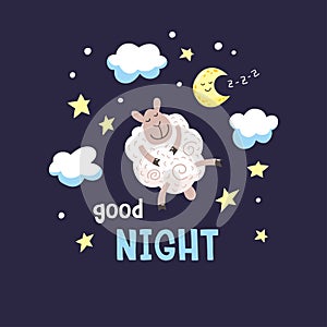 Dark night background with cartoon poddy, moon and clouds. Vector illustration